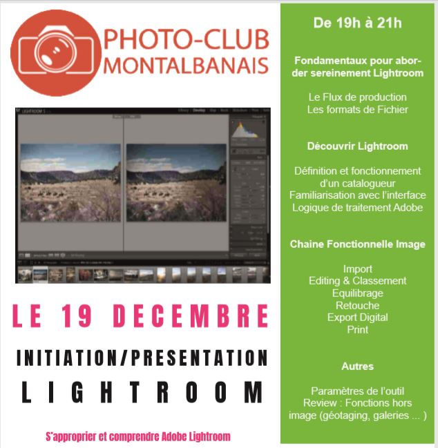 REPORT AU JEUDI 23 JANVIER 19 H. de l’atelier “S’approprier et comprendre Lightroom” prévu le jeudi 19 décembre 19 h